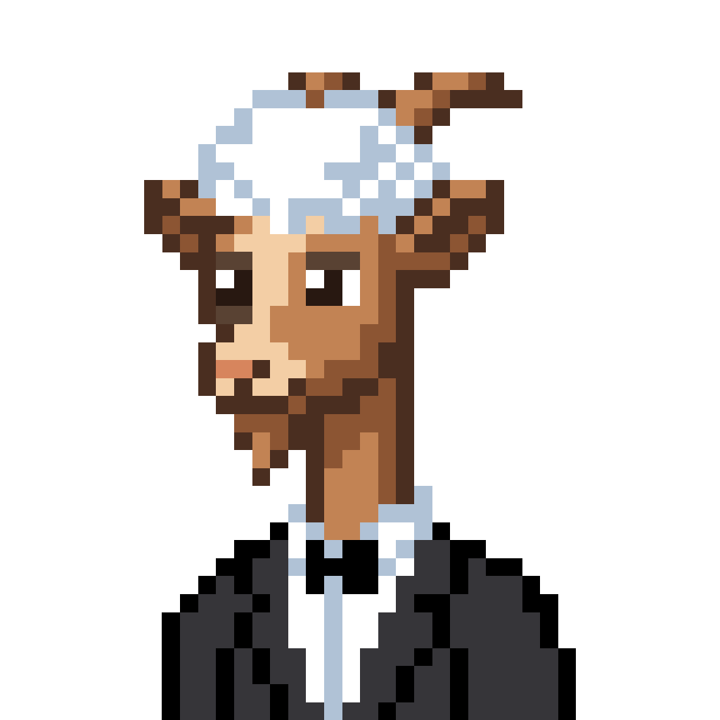 The Goat pixel-art PFP wearing a black tuxedo and bow tie on a lime background