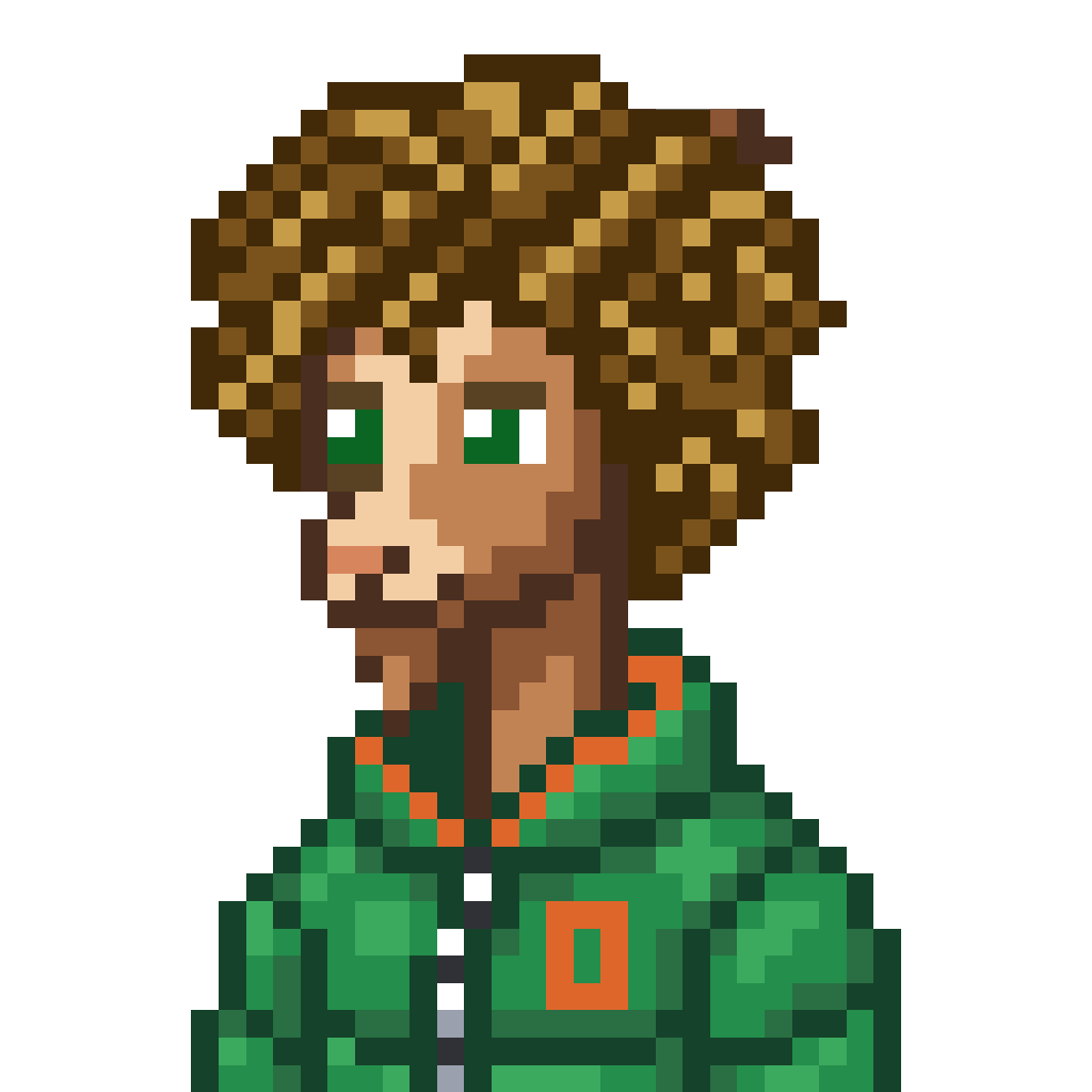 The Goat pixel-art PFP with a curly afro, wearing a green jacket with an orange bead chain, on a lime background