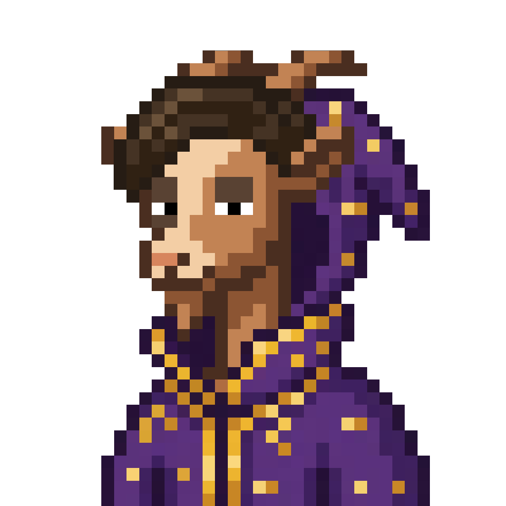 The Goat pixel-art PFP in a purple hooded robe with gold accents on a pink background
