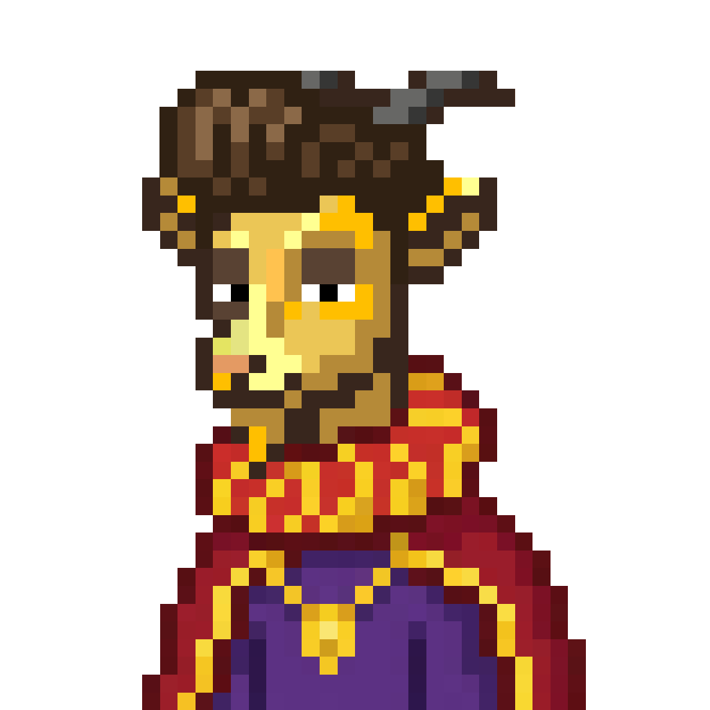 A regal Goat pixel-art PFP in a red and gold robe on a lavender background
