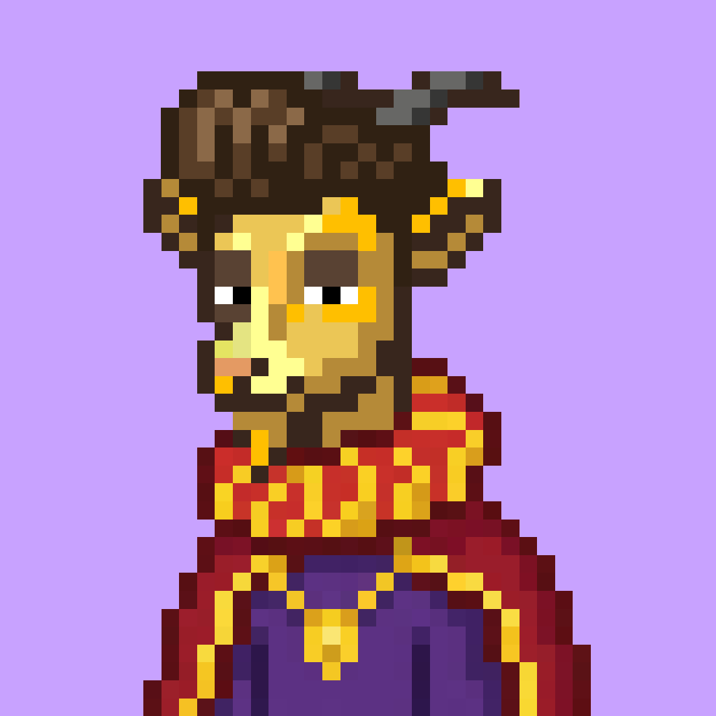 A regal Goat pixel-art PFP in a red and gold robe on a lavender background