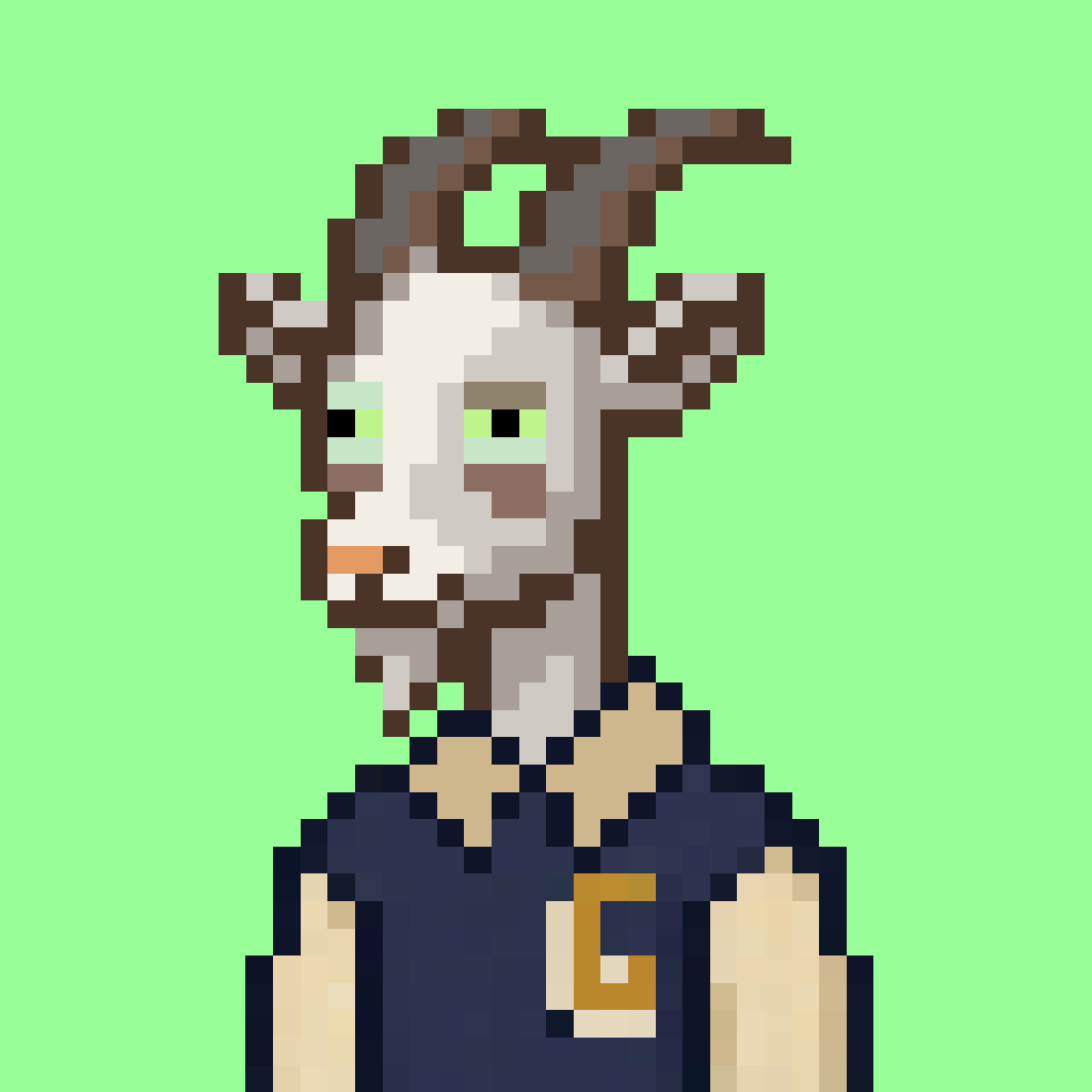 A white-furred Goat pixel-art PFP in a navy varsity top on a mint green background