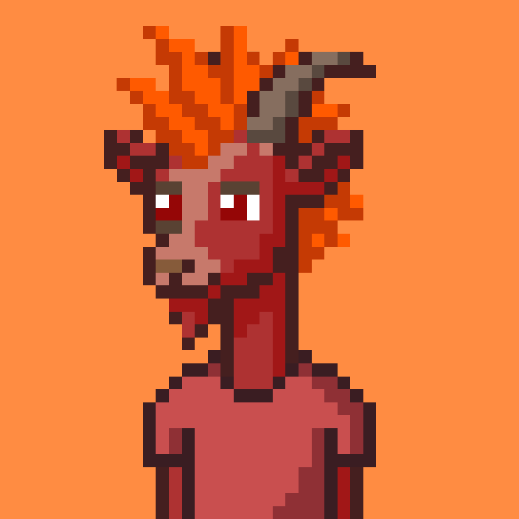 A fiery red Goat pixel-art PFP with flame-like hair on an orange background